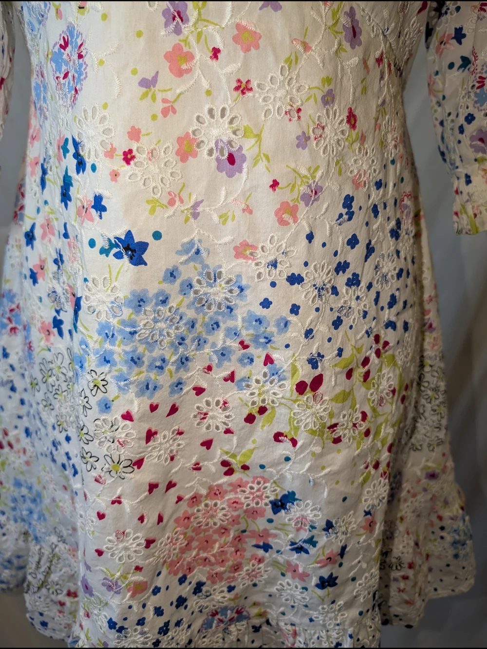White Floral Midi Dress Eyelet, Blue pink‎ yellow embroidery ruffle 100% cotton